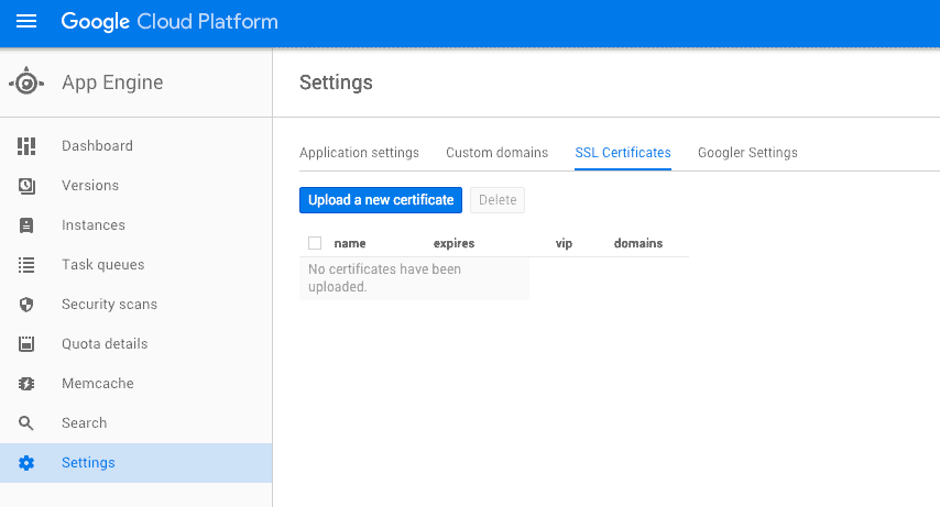 Dialog for uploading a certificate with Google AppEngine